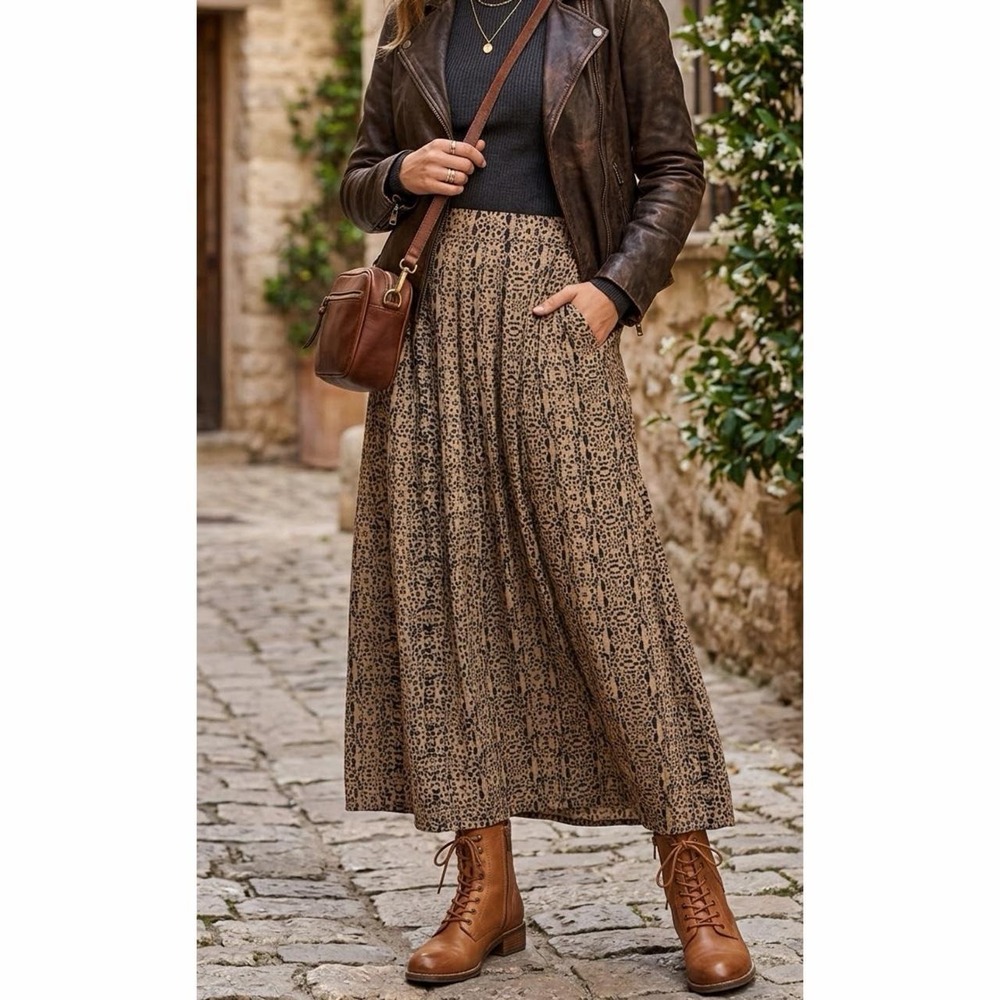 Breckenridge 16 Silk Maxi Skirt Tan Navy Blue Floral Sun Celestial Pleated VTG